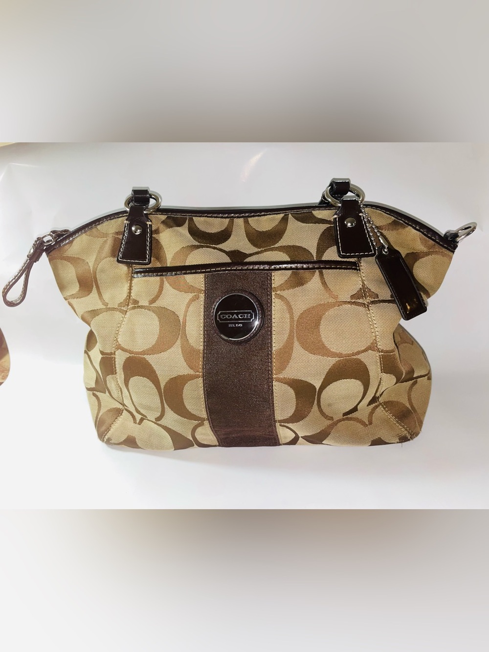 Coach Signature Canvas Shoulder Bag in Khaki and Brown